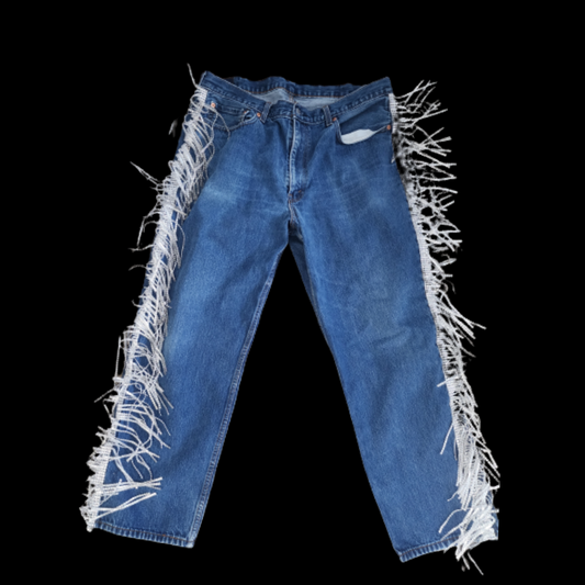 Denim Rhinestones Fringe Jeans (40)