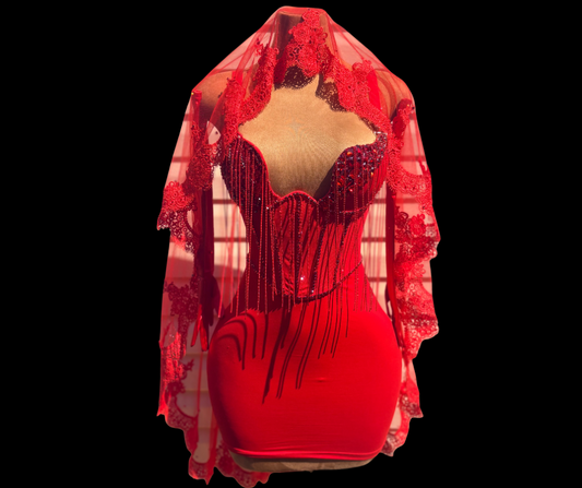 Fiery Red Fringe Lace Mini Dress