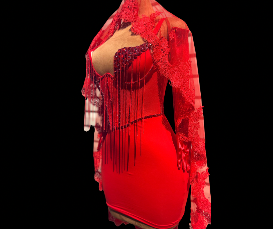 Fiery Red Fringe Lace Mini Dress