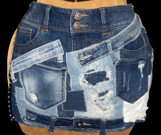 Denim Patchwork lace up mini skirt (S-L)